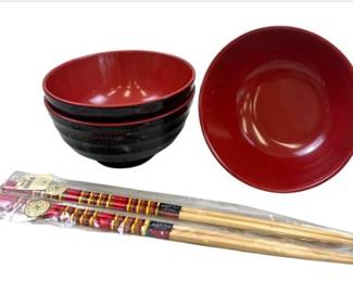 Japanese Black & Red Lacquered Soup Bowls And Chopsticks