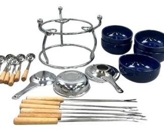 Fondue Set With Chrome Stand, Ceramic Bowls, Spoons And Skewers