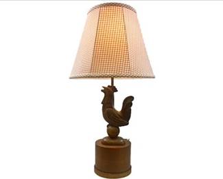 Vintage Wooden Rooster Table Lamp With Gingham Shade