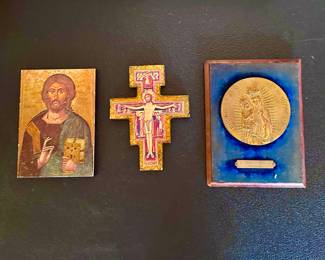 Icon of Christ the Redeemer, San Damiano Crucifix, Metal Plaque of St. Anne de Beaupré and the Virgin 