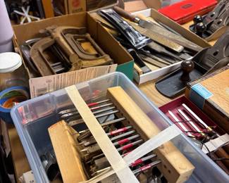 Router bits and woodworking drill bits / large metal clamps etc 