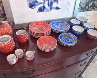 Vintage Blue Dragonware SET w/ Geisha Lithopnanes in cups