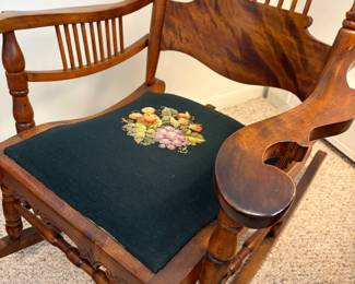 BEAUTIFUL ANTIQUE ROCKING CHAIR WITH NEEDLEPOINT SEAT