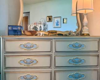 BEDROOM SET - ALL SOLD SEPARATELY,  FRENCH PROVINCIAL TALL CHEST, DRESSER WITH MIRROR & BED. BONNET COLLECTION