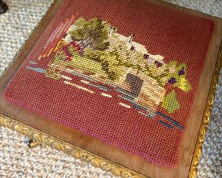 ANTIQUE NEEDLEPOINT & BRASS FOOTSTOOL