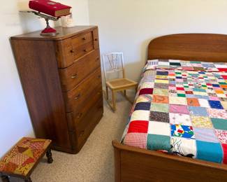 VINTAGE BOOK STAND & ALBUM, PATCHWORK QUILT, VINTAGE STOOL AND SMALL ROCKER