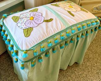 OTTOMAN / FOOTSTOOL COVER  WITH FLORAL APPLIQUÉ - SEE NEXT PIC W/O COVER