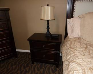 Headboard, night tables, pair of lamps, bedding