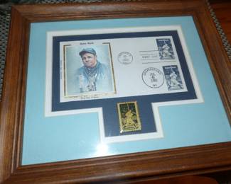 Assorted bric-a-brac, framed Babe Ruth First Day Issue Limited Edition Stamp