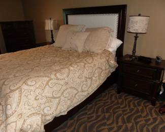 Headboard, night tables, pair of lamps, bedding