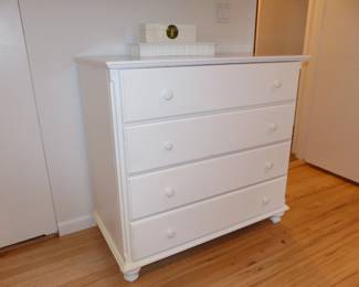 White wood bedroom, full size bed, desk, chair, night table & chest, mattress & boxspring, bedding