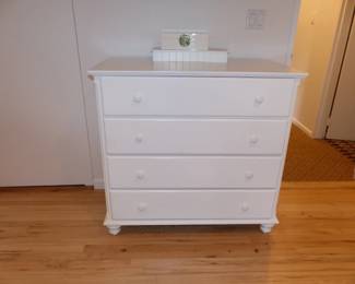 White wood bedroom, full size bed, desk, chair, night table & chest, mattress & boxspring, bedding