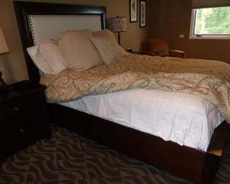 Headboard, mattress & boxspring, night tables, pair of lamps, bedding