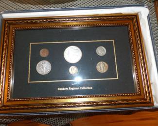 Assorted bric-a-brac, framed coin collection