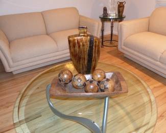 Modern round glass top abstract chrome base coffee table, bric-a-brac