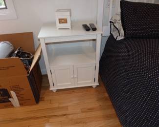 White wood bedroom, full size bed, desk, chair, night table & chest, mattress & boxspring, bedding