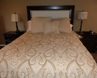 Headboard, night tables, pair of lamps, bedding