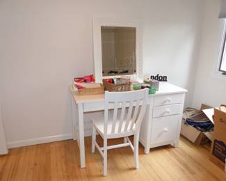 White wood bedroom, full size bed, desk, chair, night table & chest, mattress & boxspring, bedding