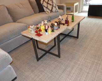 Mint gray sectional sofa, pair of stone top metal base coffee tables, collection of salt & peppers shakers
