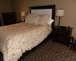 Headboard, night tables, pair of lamps, bedding