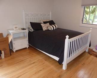 White wood bedroom, full size bed, desk, chair, night table & chest, mattress & boxspring, bedding