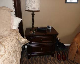 Headboard, night tables, pair of lamps, bedding