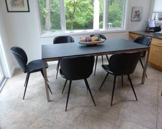 Dining table with slate top, chrome base/legs & 6 black chairs
