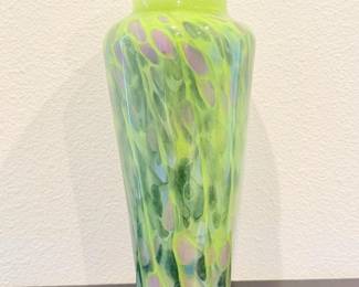 34 SignedHandBlownStudioArtGlassVaseIridescentGreenLavender