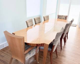 2 ContemporaryDiningTablew2Leaves8ChairsBookMatchedVeneer