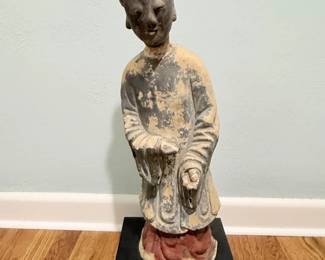 9 AsianStylePolychromeAttendantFigureonBlackDisplayBase