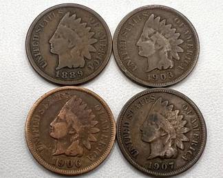 (4) Antique Indian Head Pennies — Penny Dates 1889, 1903, 1906, 1907