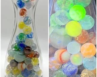 Jar of Vintage Glass Marbles — Glowing Vaseline & Uranium Glass