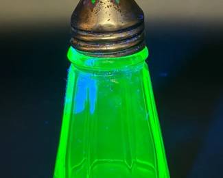 Uranium Glass Salt Shaker with Vivid Green Ultraviolet Glow