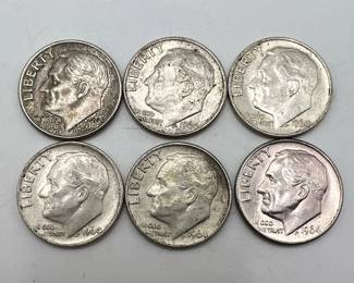 (6) Silver Roosevelt Dimes dated 1964 / 1964-D
