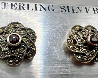 Sterling Silver Marcasite Flower Earrings — Jewelry Marked 925