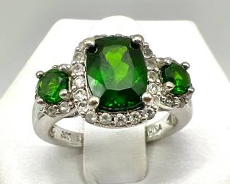 Sterling Silver Ring with Three Green Stones — Size 5