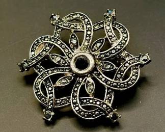 Vintage Swirling Silver Tone Brooch — Sparkling Marcasite Jewelry