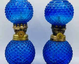 Blue Hobnail Depression Glass Hurricane Lamps