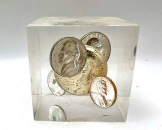 Vintage Suspended Coins Lucite Paperweight ft. Shiny Silver 1967 Kennedy Half Dollar Coin