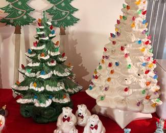 VINTAGE CERAMIC CHRISTMAS TREES - ONE GREEN AND LARGE WHITE ONE