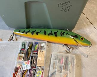FISHING ITEMS! BINS OF ITEMS INCLUDING THIS LARGE 20" + NOVELTY HANGING LURE