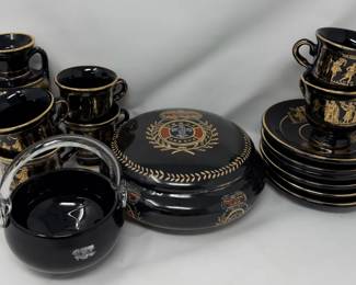 Black Gold Trim Greek Key Porcelain Hand Painted Mugs, Vase, Plates