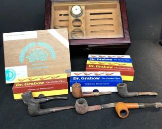 Desktop Humidor, Cigar Box, And Pipes