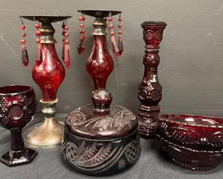 Avon Ruby Red Cut Glass And Candlesticks