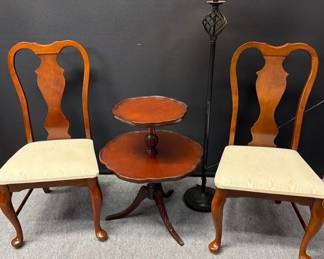 Vintage Two Tiered Table Wood Chairs And Standing Lamp