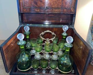 Antique French Napolean style liquor cabinet with decanters and glasses
