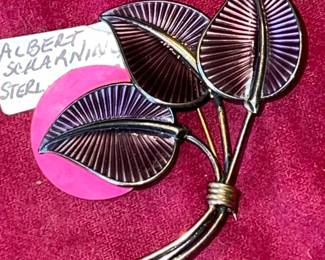 Albert Scharning Norway sterling silver guilloche enamel leaf brooch