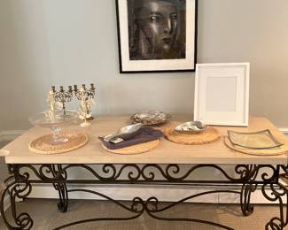 Rococo style console table with detailed wrought iron base