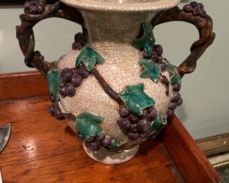 Vintage Majolica-style ceramic twin-handled urn vase