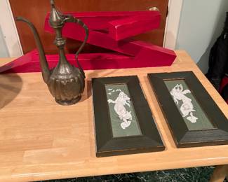 Vintage Asian wall panels on right and Tinned copper ewer on left